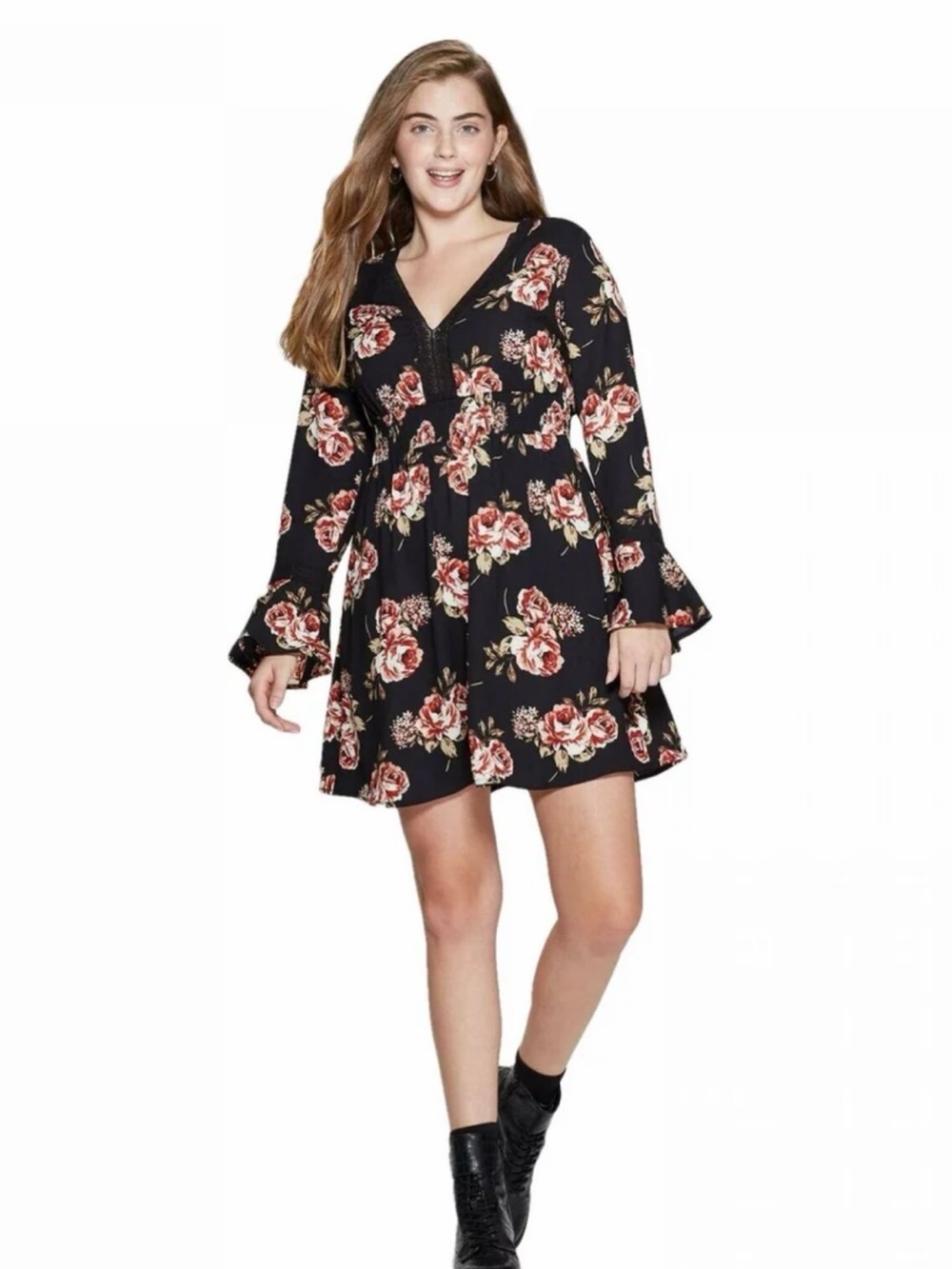 Xhilaration Black Floral V-Neck Mini Dress